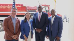 Governor Albert Bryan Jr and VIFEMS celebrate donation of 15 pallets of medical supplis from Pafford. 